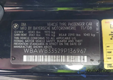 2009 BMW 328I z USA, uszkodzony, nr VIN WBAWB33529P136967